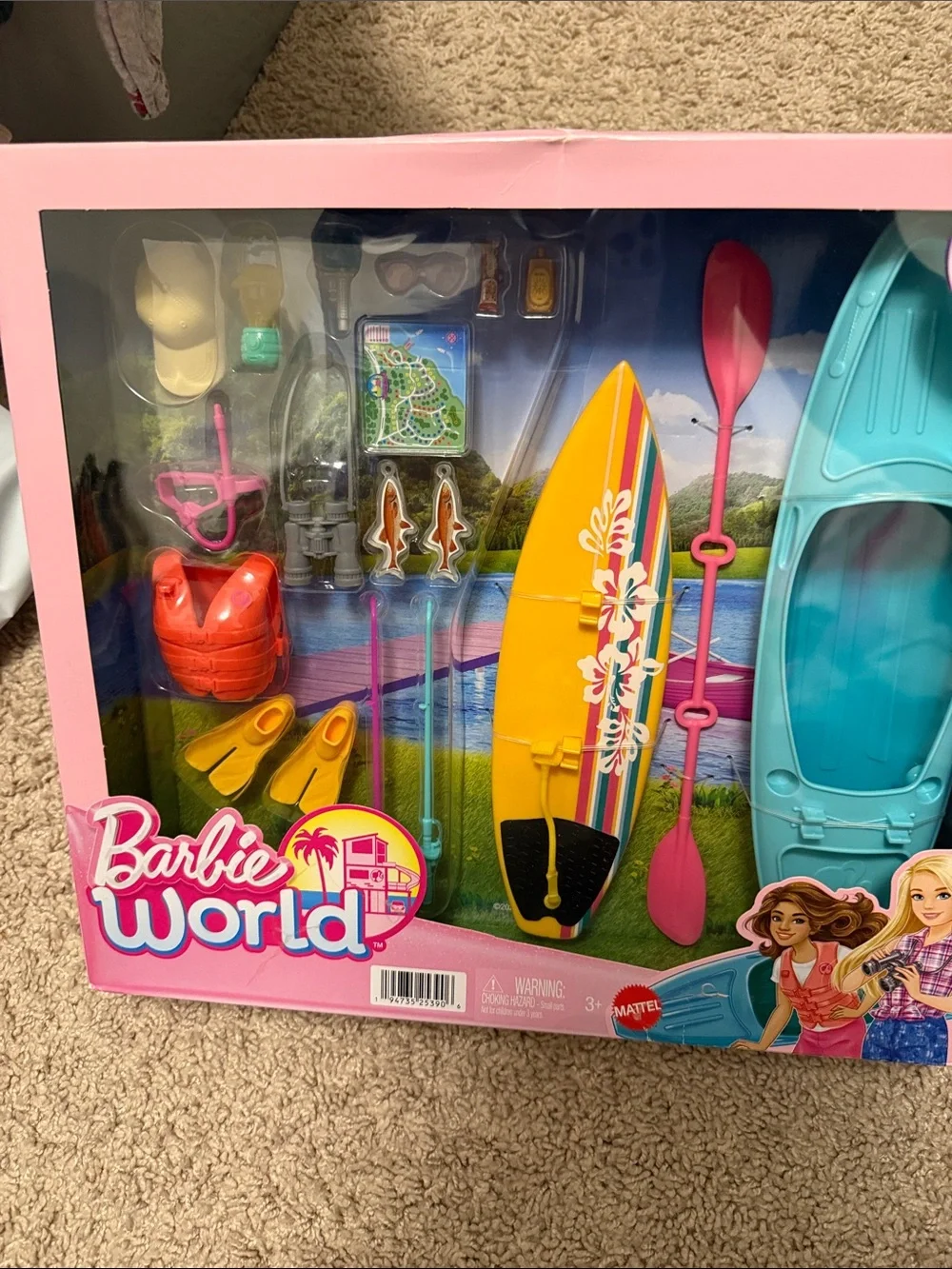Barbie Pink, Yellow & Teal Kayak and Surfboard Playset